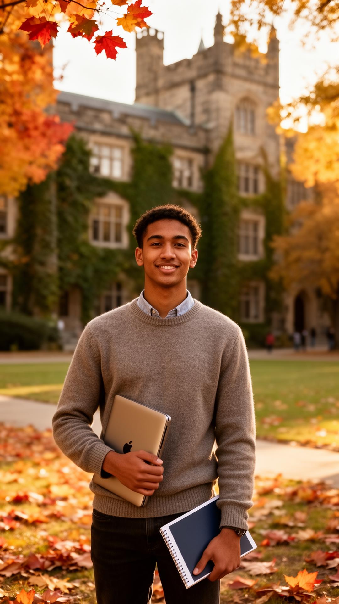 International student on a Canadian university campus in autumn